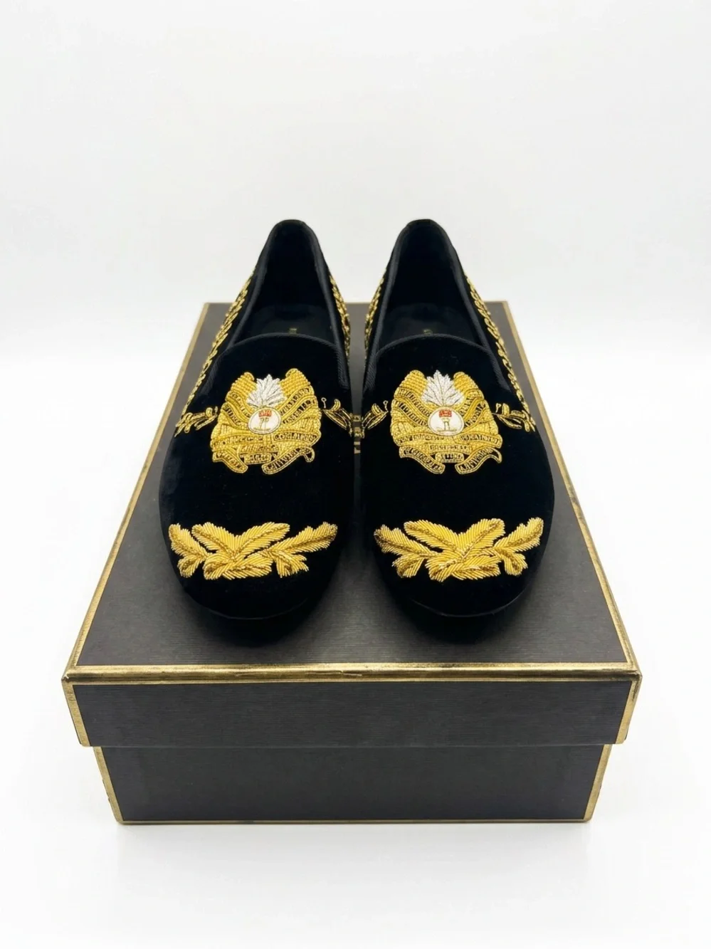 Black Velvet Loafers with Gold Embroidered Crest